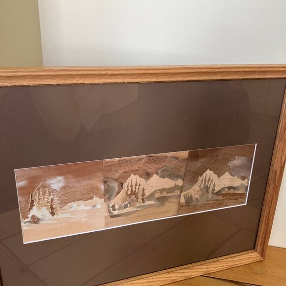 Mountain Forest Wooden Marquetry Framed Picture Inlay Wood Panel Caelin Artworks - Picture 2 of 6